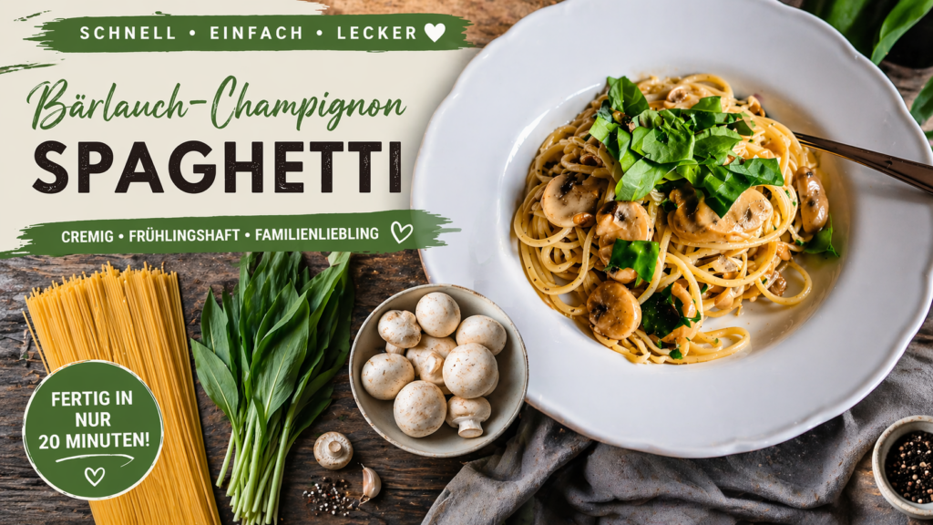 Bärlauch Champignon Pasta in einer weißen Schüssel mit frischem Bärlauch und Pilzen, cremig zubereitet, schnelles Familienrezept