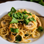 Bärlauch Champignon Pasta in weißer Schüssel mit frischem Bärlauch und Pilzen, cremig zubereitet, einfaches Rezept