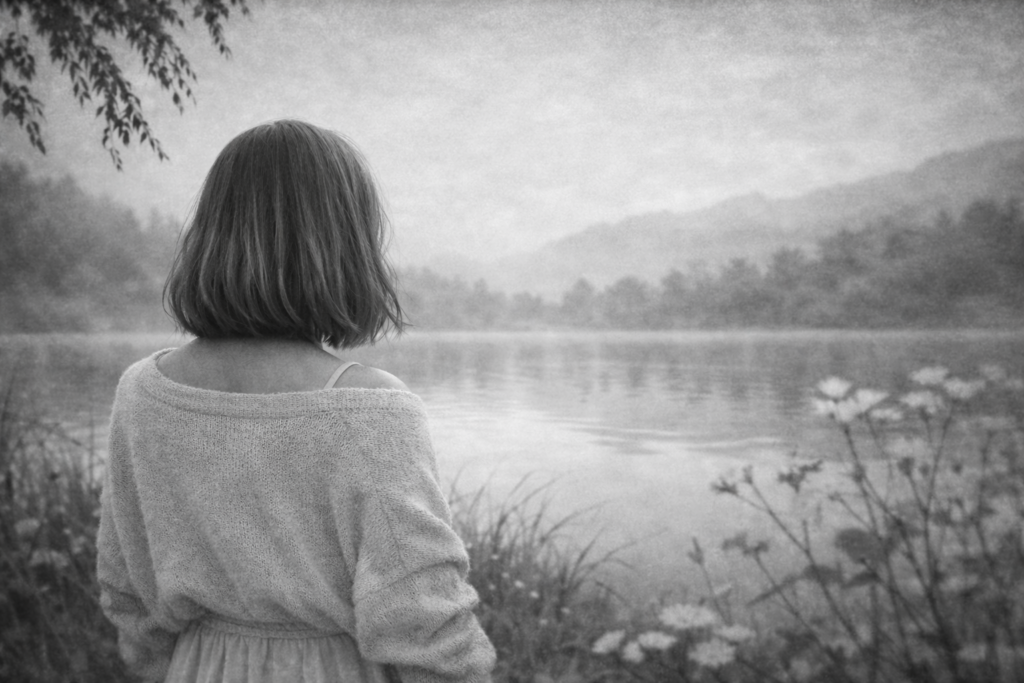 Schwarz-weißes Naturbild einer Frau am See. Die ruhige Atmosphäre symbolisiert mehr Ruhe in der Familie, Gelassenheit und einen bewussteren Familienalltag.
