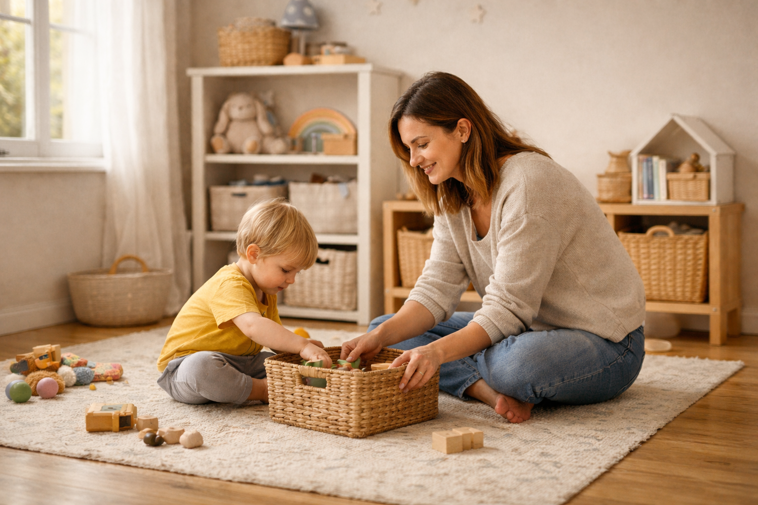 Minimalistisches Kinderzimmer mit Mutter und Kind beim Aufräumen, Spielzeugkörbe und Regale sorgen für Ordnung im Alltag