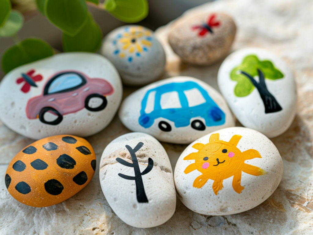 Bunt bemalte Steine mit kindlichen Motiven wie Auto, Sonne oder Baum. Sie laden Kinder dazu ein, eigene Geschichten zu legen und frei zu spielen – ganz ohne vorgegebene Regeln oder komplexes Spielzeug.