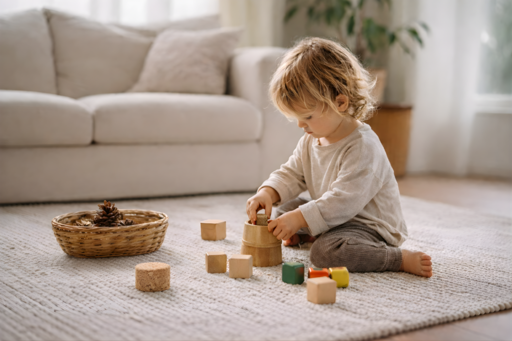 Kind spielt konzentriert mit Korken und einfachen Materialien auf dem Boden – minimalistischer Familienalltag