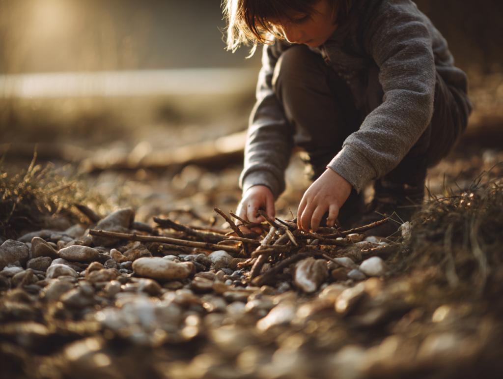 Kind spielt draußen mit Stöcken und Steinen – kreatives Spielen in der Natur
