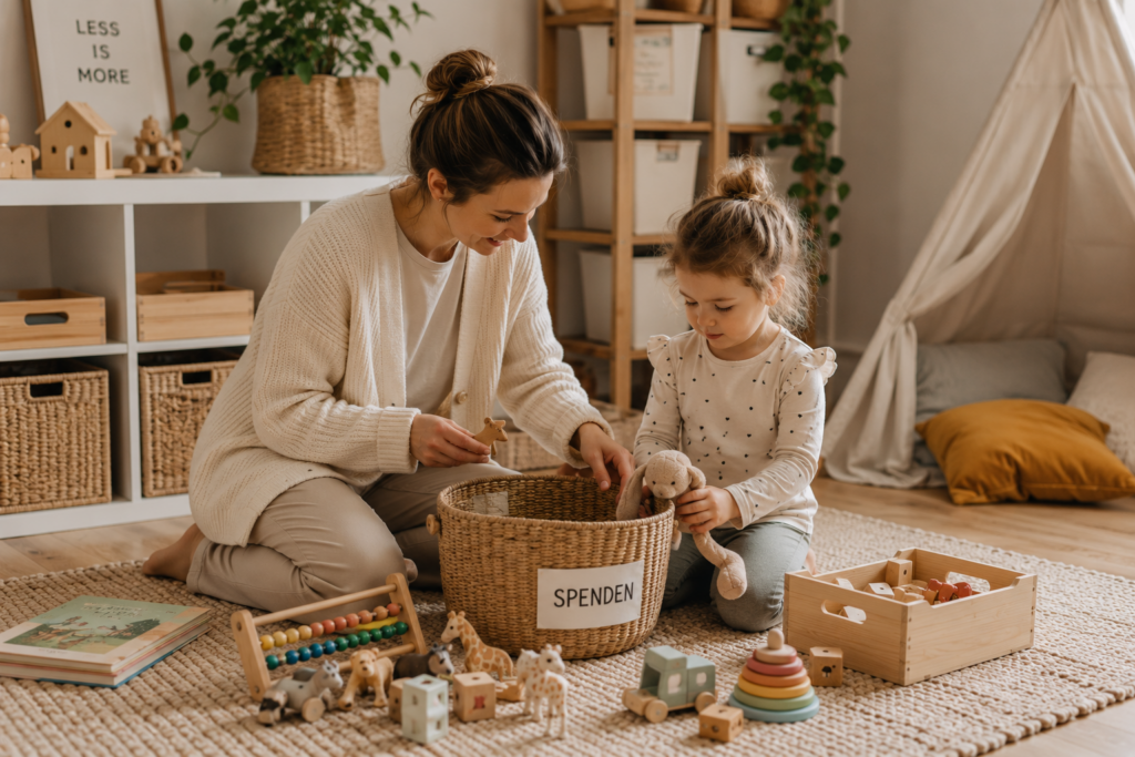 Minimalismus mit Kindern: Mutter und Kind sortieren gemeinsam Spielzeug aus und legen nicht mehr benötigte Spielsachen in einen Spendenkorb.