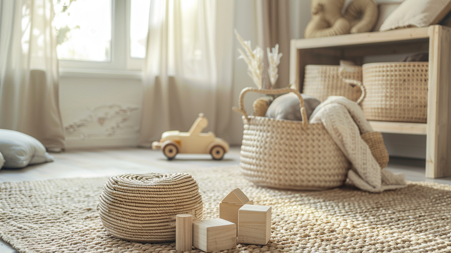 Minimalistisches Wohnzimmer mit Kinderspielzeug, Körben und ruhiger Atmosphäre im Familienalltag