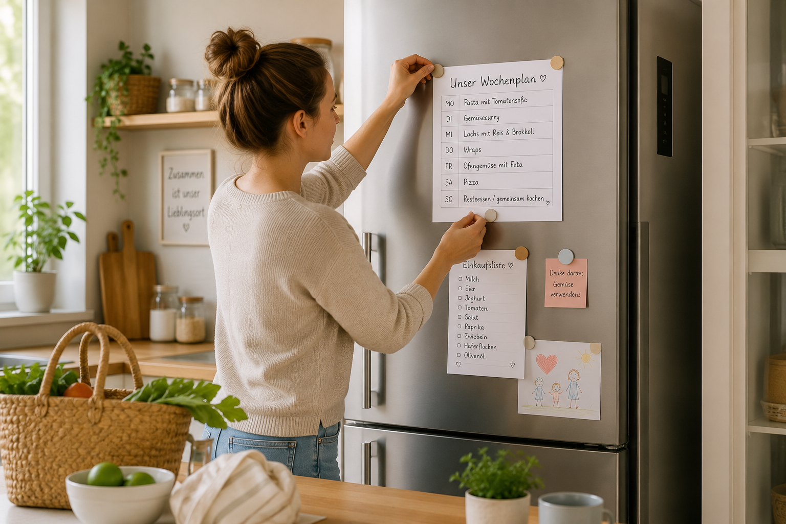Mutter befestigt einen Wochenplan und eine Einkaufsliste am Kühlschrank für mehr Ordnung im Familienalltag und eine bessere Essensplanung