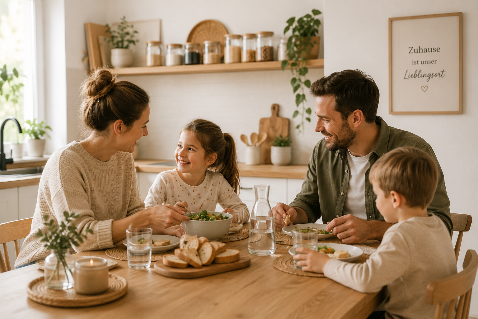 Familie mit zwei Kindern sitzt gemeinsam am Esstisch in einer hellen und aufgeräumten Küche
