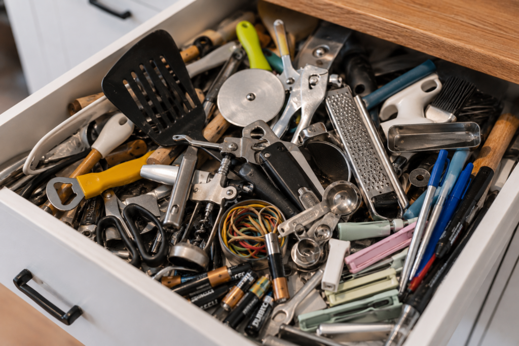 Chaotische Küchenschublade mit Küchenhelfern, Batterien, Scheren, Stiften und Kleinteilen vor dem Aussortieren in einer kleinen Küche