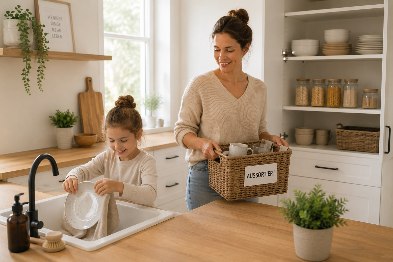 Mutter und Kind organisieren eine kleine Küche mit freien Arbeitsflächen, aufgeräumten Küchenschränken und einem Korb für aussortierte Küchengegenstände.