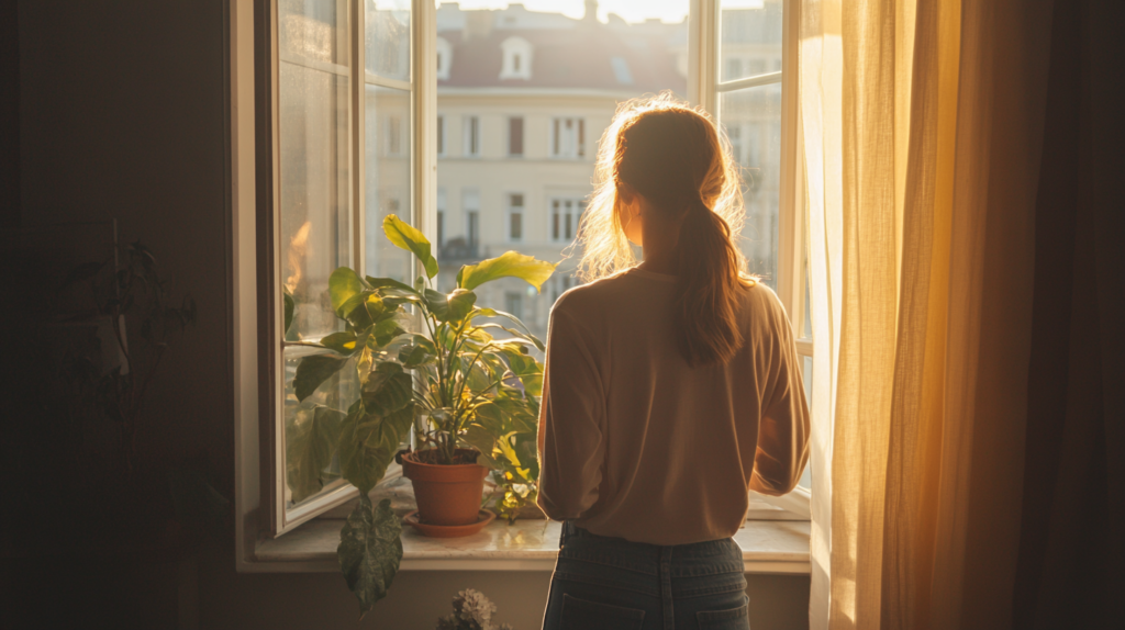 Frau steht an einem geöffneten Fenster im warmen Morgenlicht – ruhige Atmosphäre für Minimalismus im Alltag, mehr Ruhe zuhause und bewussteres Leben.