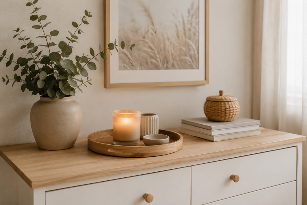 Minimalistisch eingerichtetes Wohnzimmer mit aufgeräumter Kommode, Kerze, Holztablett und Pflanzen als Inspiration für mehr Ordnung und Ruhe zuhause.
