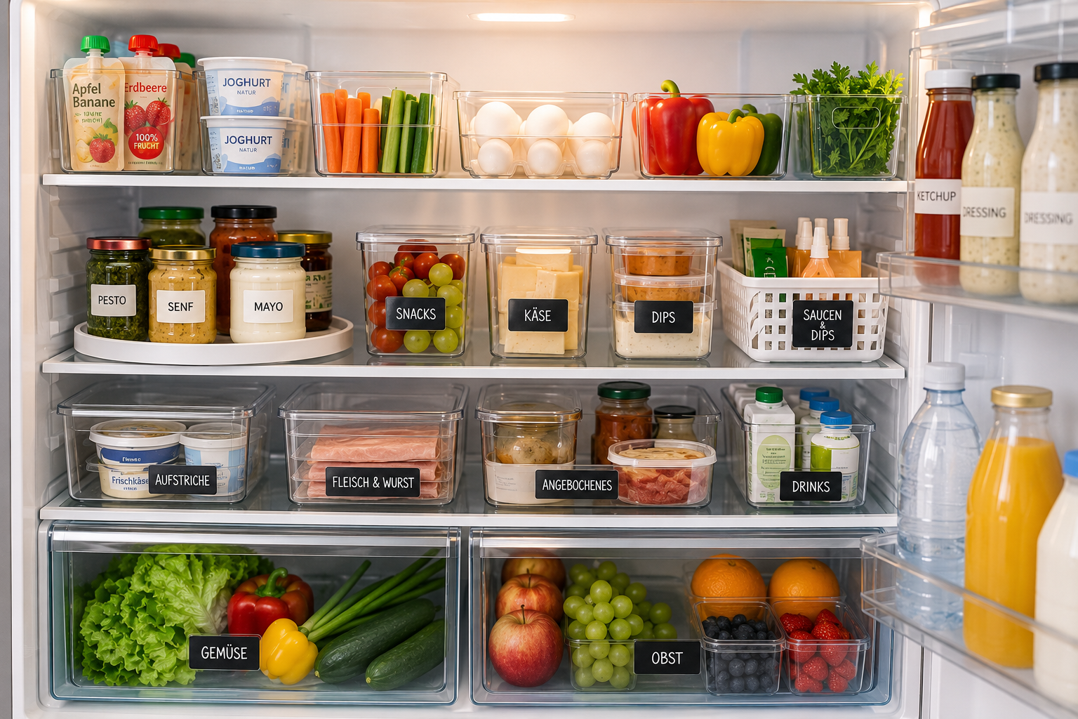 Kühlschrank organisieren mit transparenten Boxen, Milchprodukten, Obst, Gemüse und Joghurt-Drinks in festen Bereichen
