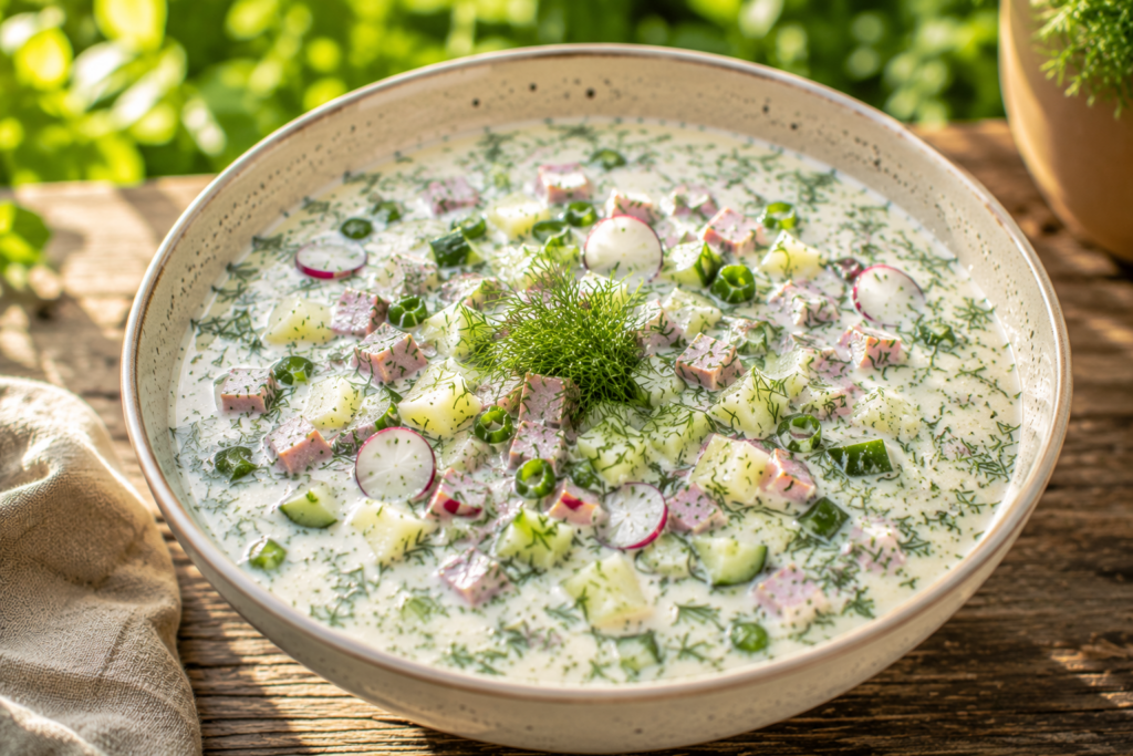 Vegane Okroschka mit Kartoffeln, Gurke, Radieschen, veganer Mortadella, Dill und cremigem pflanzlichem Joghurt in einer Schüssel auf einem Holztisch im Garten