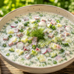 Vegane Okroschka mit Kartoffeln, Gurke, Radieschen, veganer Mortadella, Dill und cremigem pflanzlichem Joghurt in einer Schüssel auf einem Holztisch im Garten