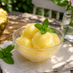 Cremiges Ananas-Minz-Sorbet in einer Glasschale auf einem rustikalen Gartentisch mit frischer Minze und halber Ananas – erfrischendes Sommerdessert für heiße Tage.