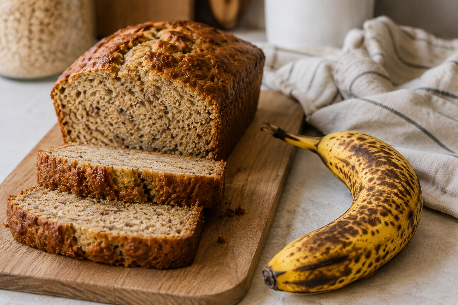 Frisch gebackenes Bananenbrot auf einem Holzbrett neben einer reifen Banane mit braunen Stellen auf der Schale.
