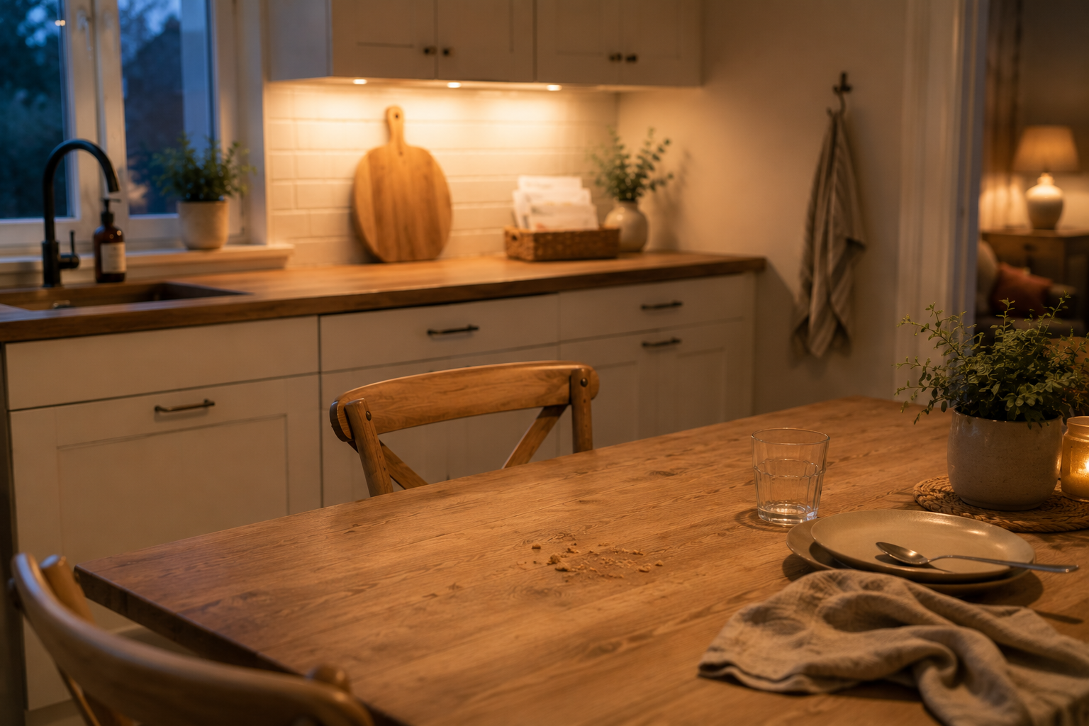 Gemütliche Familienküche nach dem Abendessen mit wenigen Krümeln auf dem Tisch, einem Glas und Teller. Die Küche wirkt genutzt, ordentlich und alltagstauglich.