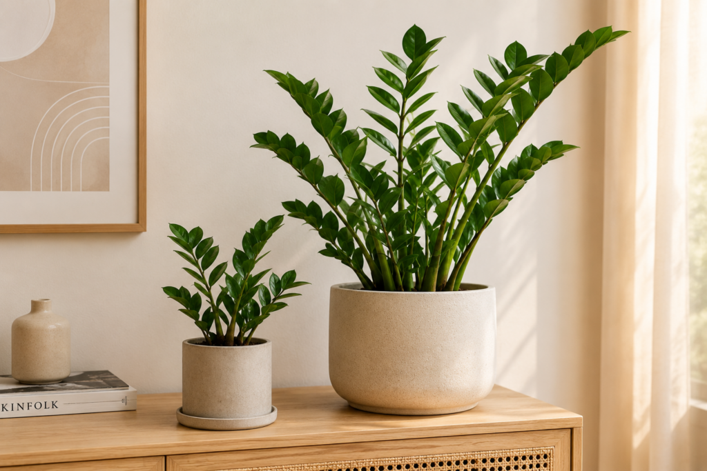 Kleine und große Glücksfeder in hellen Übertöpfen auf einem Holzsideboard in einem gemütlichen Wohnzimmer.