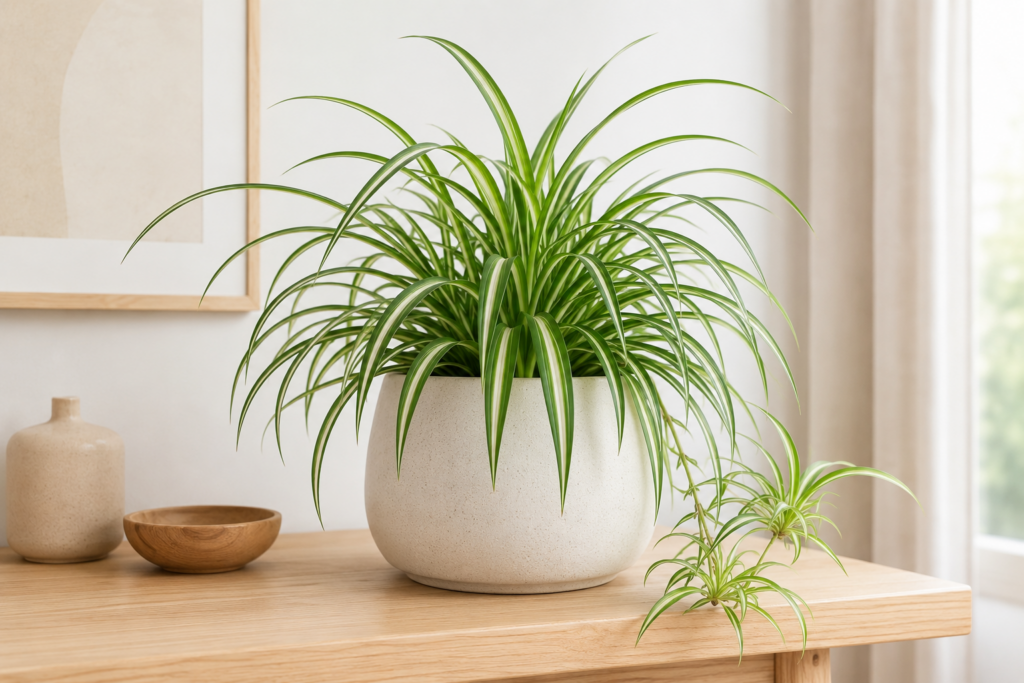 Himalaya-Grünlilie als pflegeleichte Pflanze für Anfänger auf einem Holzregal im hellen Wohnzimmer.