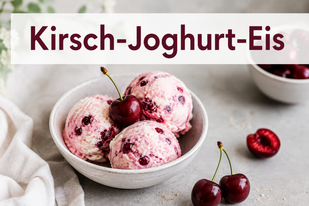 Kirsch-Joghurt-Eis in einer Schüssel mit frischen Kirschen. Einfaches Kirschen Rezept für ein cremiges Sommerdessert an heißen Tagen.