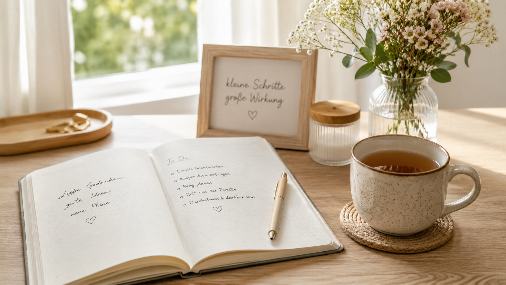 Offenes Notizbuch mit Stift und Tasse Tee auf einem Holztisch im Tageslicht. Ruhige und freundliche Atmosphäre für die Kontaktseite von Calm Family Life.