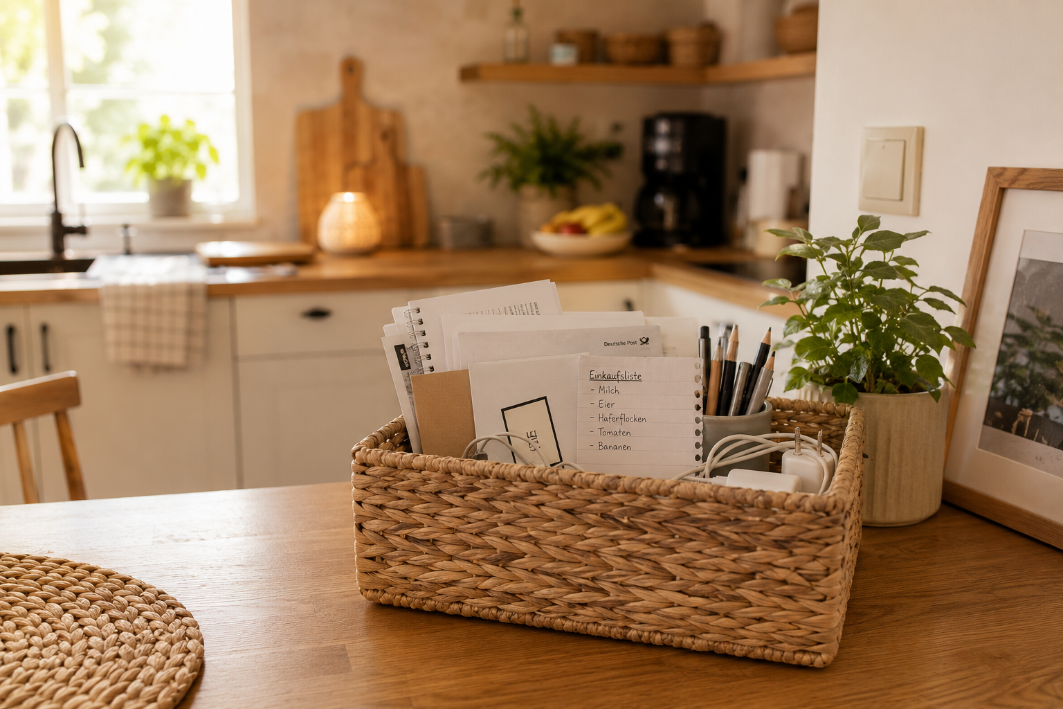 Geflochtener Aufbewahrungskorb auf einer Küchenarbeitsplatte mit Post, Einkaufszettel, Stiften und Ladekabeln in einer hellen Familienküche.
