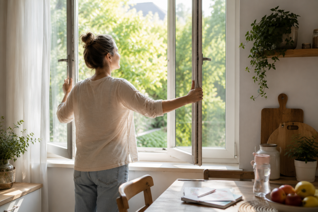 Frau öffnet das Fenster in einer hellen Familienküche und sorgt nach dem Kochen für frische Luft, mehr Ordnung und ein angenehmes Raumgefühl.