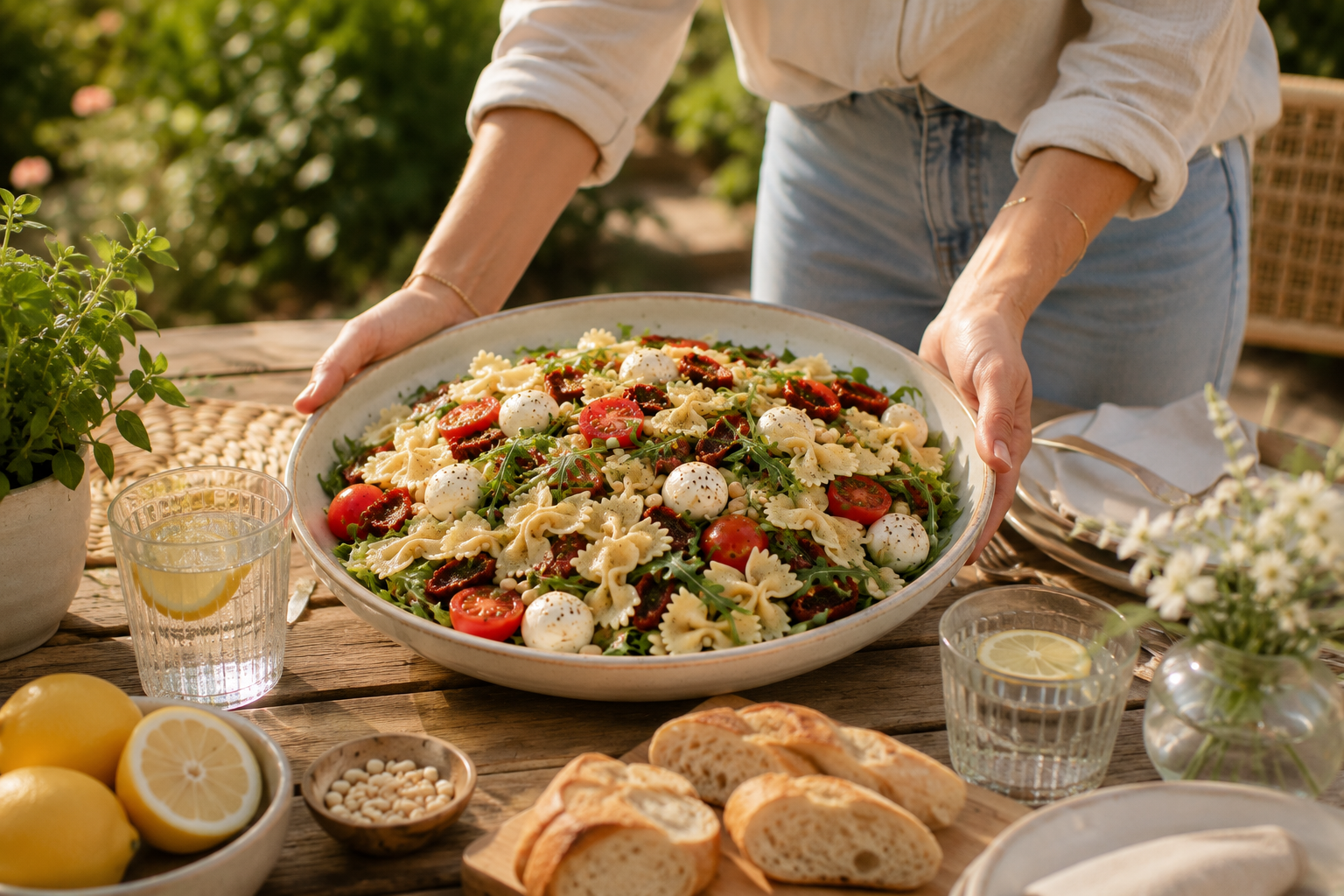 Mediterraner Nudelsalat mit Rucola, Cherrytomaten, getrockneten Tomaten und veganem Mozzarella wird auf einem sommerlich gedeckten Gartentisch serviert.
