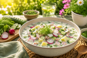 Okroschka Rezept vegan mit Kartoffeln, Gurke, Radieschen, Dill und cremigem pflanzlichem Joghurt in einer Schüssel im sonnigen Garten
