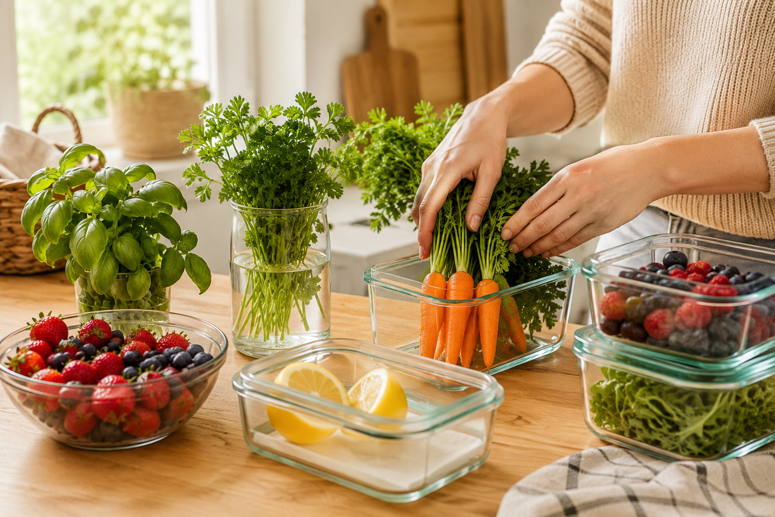 Karotten mit Grün, frische Kräuter im Wasserglas, Beeren in Glasschalen und Glasbehälter auf einer hellen Küchenarbeitsfläche zur Aufbewahrung von Lebensmitteln