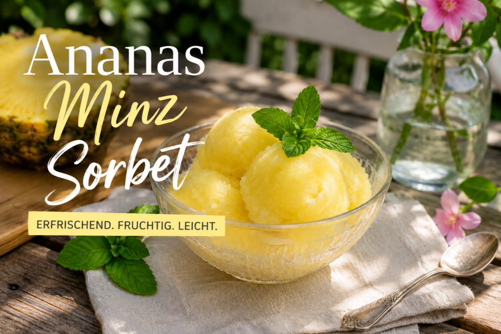 Selbstgemachtes Ananas-Minz-Sorbet in einer Glasschale auf einem rustikalen Gartentisch, garniert mit frischer Minze und dekoriert mit einer halben Ananas – ein erfrischendes Dessert für heiße Sommertage.