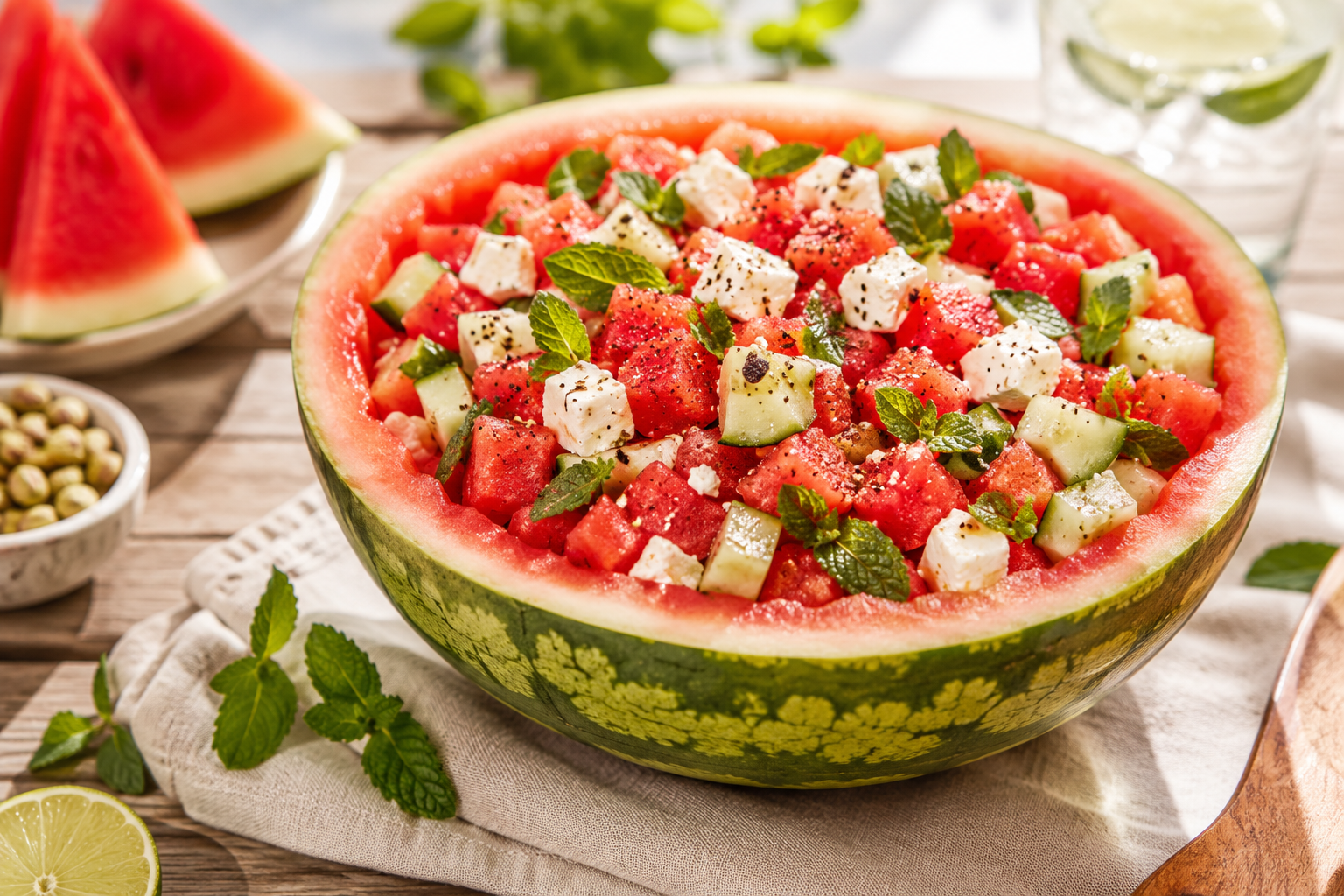 Wassermelonen-Feta-Salat mit Gurke, Feta, frischer Minze und Limetten-Dressing in einer ausgehöhlten Wassermelone – einfaches Sommerrezept zum Grillen.
