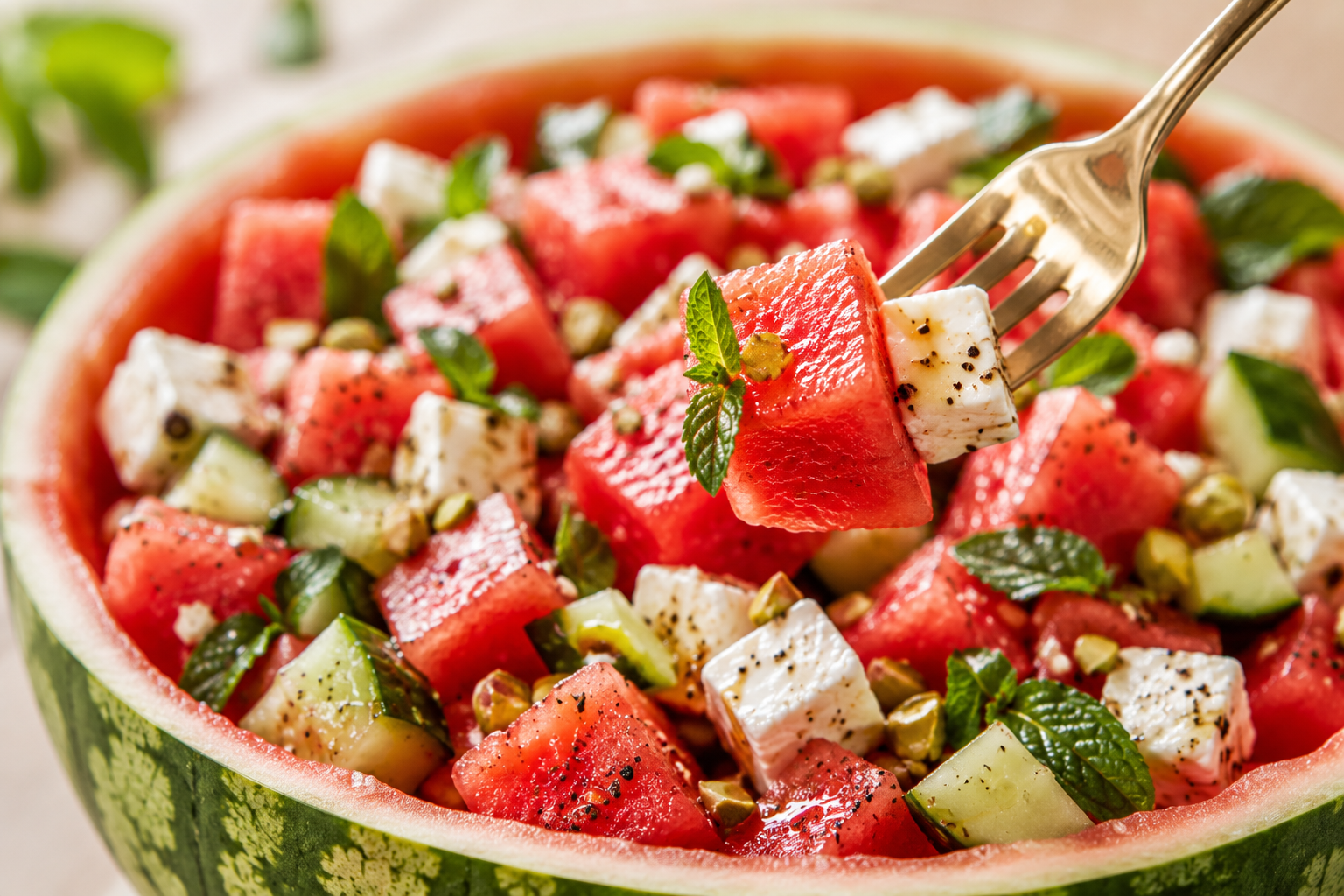 Nahaufnahme eines Wassermelonen-Feta-Salats mit Gurke, frischer Minze und Feta. Eine goldene Gabel hebt ein Stück des sommerlichen Salats aus der ausgehöhlten Wassermelone.