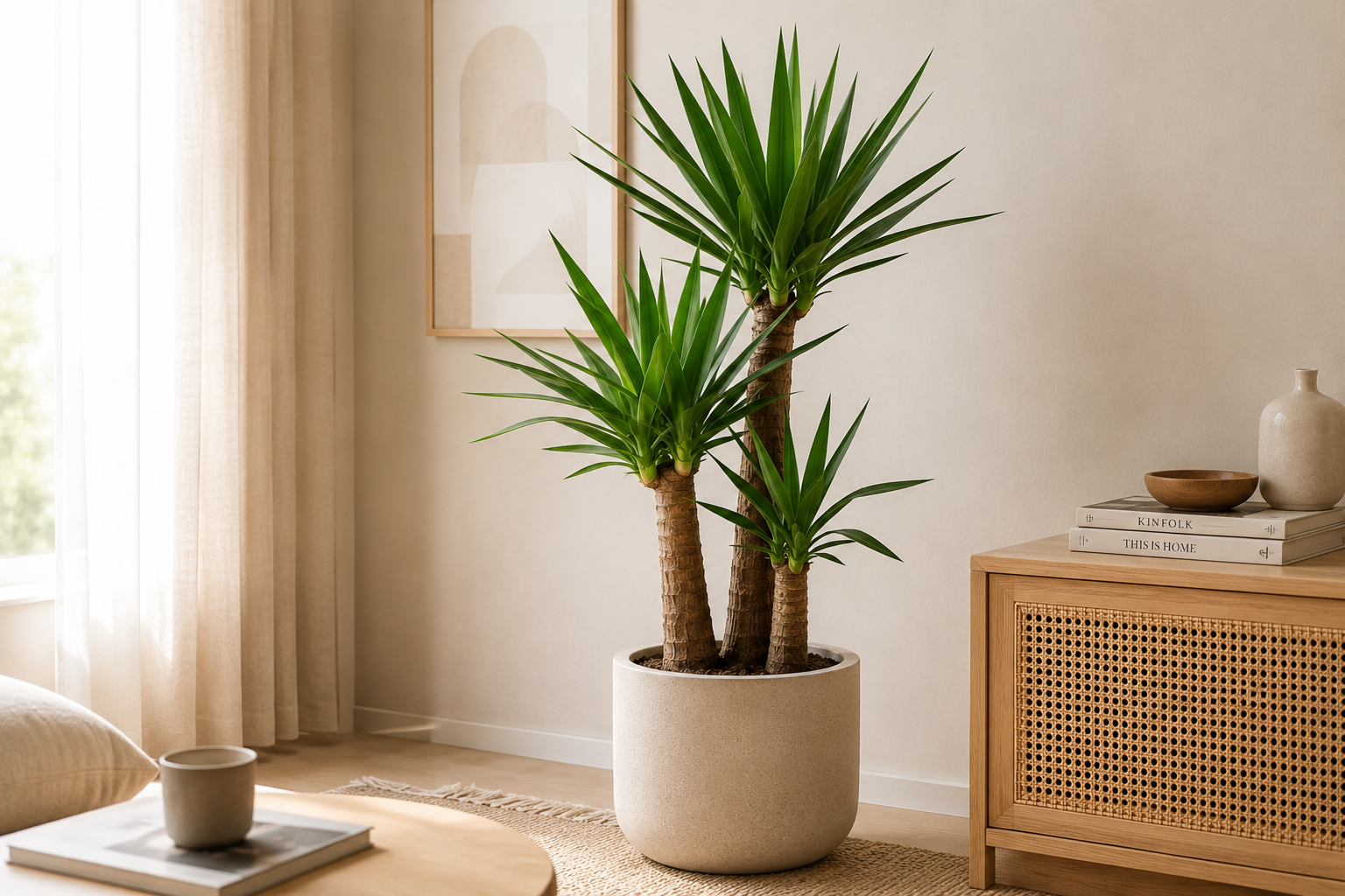 Große Yucca-Palme in einem hellen Keramiktopf in einem gemütlichen Wohnzimmer mit Japandi-Einrichtung.