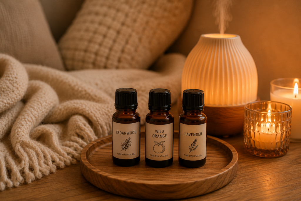 Drei ätherische Öle auf einem Holztablett vor einem Diffuser und Kerzenlicht. Die Diffuser-Mischung mit Cedarwood, Wild Orange und Lavender sorgt für eine gemütliche Abendroutine.