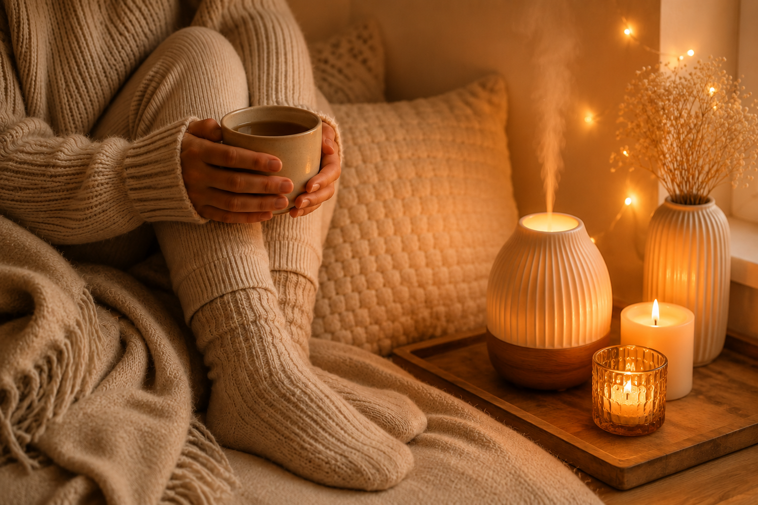 Frau sitzt mit einer Tasse Tee, Kuschelsocken, einem Diffuser und Kerzenlicht in einer gemütlichen Ecke und genießt ihre Abendroutine zum Entspannen.