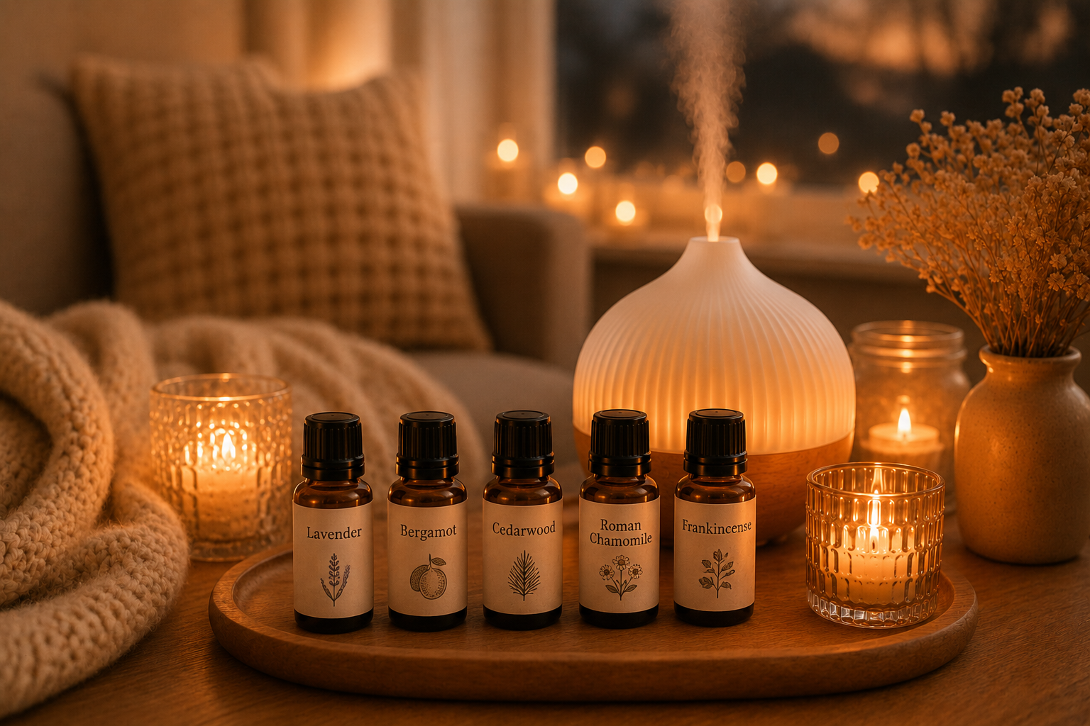 Fünf ätherische Öle – Lavender, Bergamot, Cedarwood, Roman Chamomile und Frankincense – stehen auf einem Holztablett neben einem laufenden Diffuser und Kerzen in einer gemütlichen Abendatmosphäre.