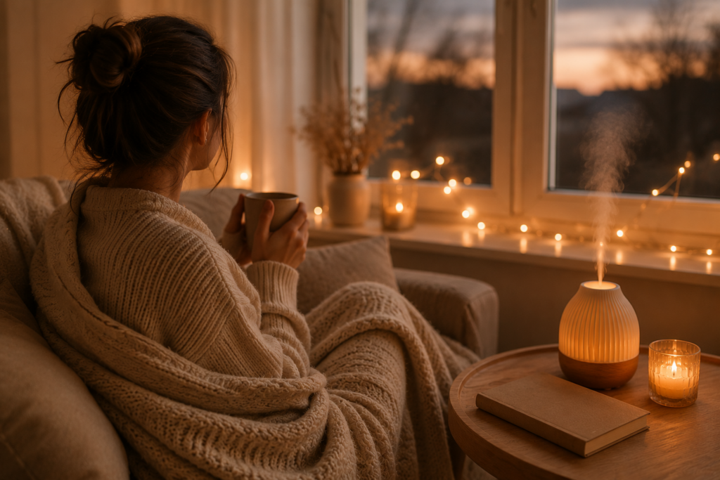 Eine Frau sitzt mit einer Tasse Tee auf dem Sofa und genießt ihre gemütliche Abendroutine. Im Vordergrund sorgen ein Diffuser, Kerzenlicht und warme Beleuchtung für eine entspannte Wohlfühlatmosphäre.