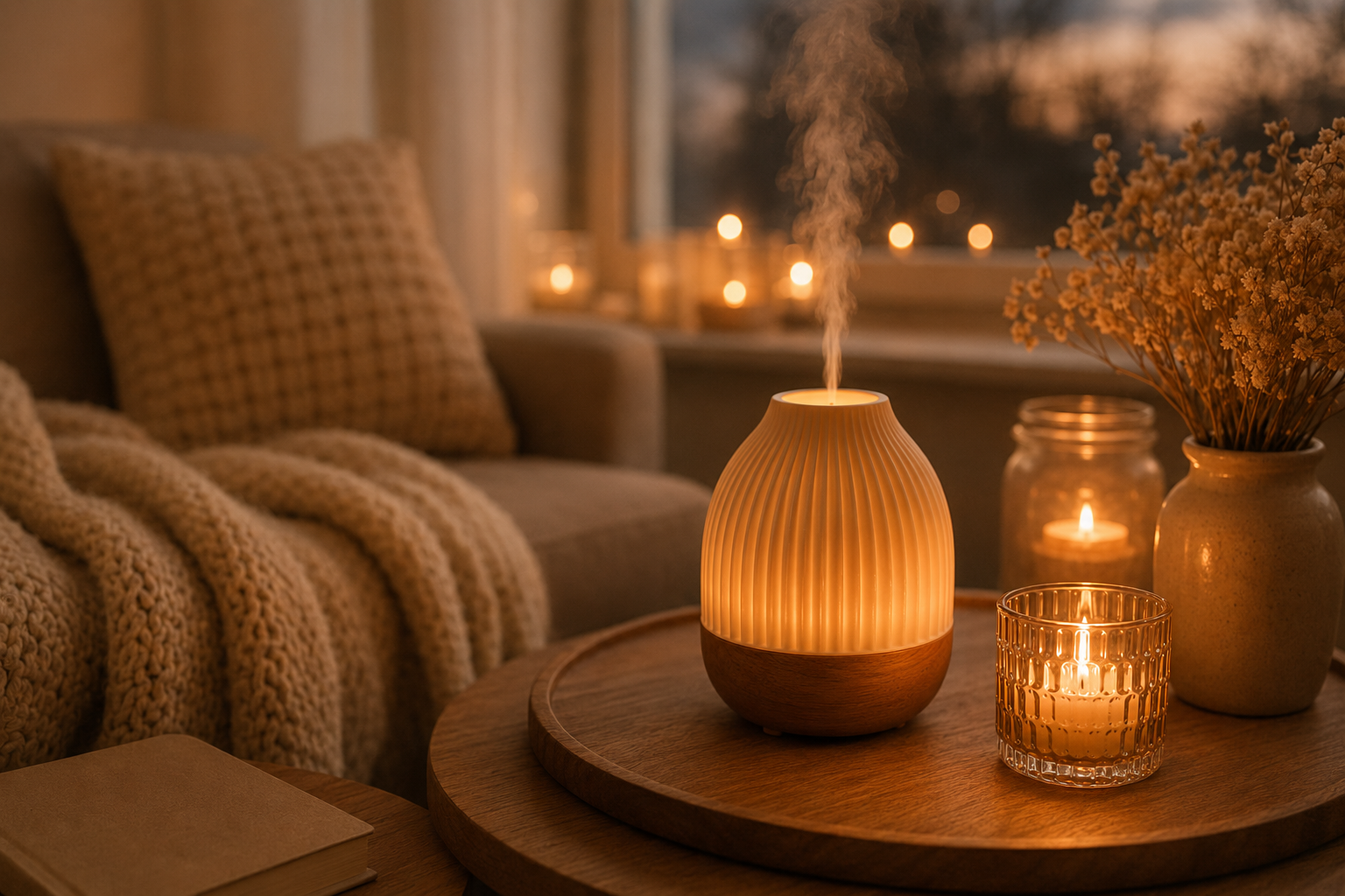 Ein Diffuser verströmt sanften Duft neben Kerzenlicht und einer Kuscheldecke. Die gemütliche Abendroutine sorgt für eine ruhige Wohlfühlatmosphäre mit ätherischen Ölen.