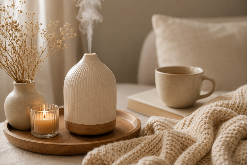 Keramik-Diffuser mit aufsteigendem Duftnebel, Tasse Tee, Kerze und Kuscheldecke als Inspiration für eine gemütliche Abendroutine mit ätherischen Ölen.